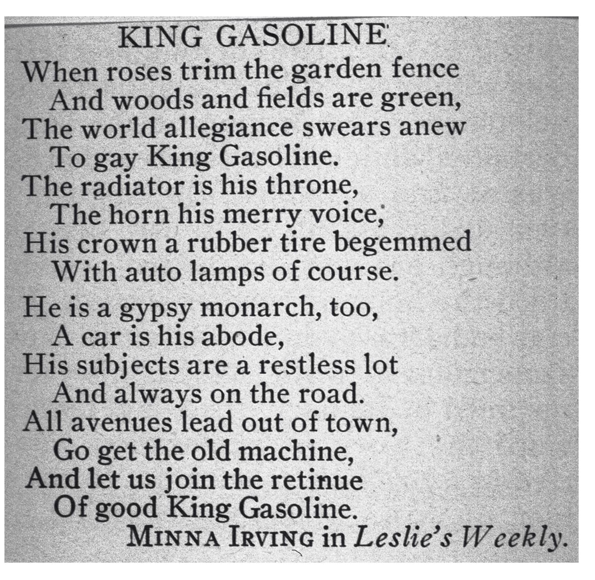 Minna Irving, “King Gasoline,” Leslie’s Weekly, August 24, 1916.