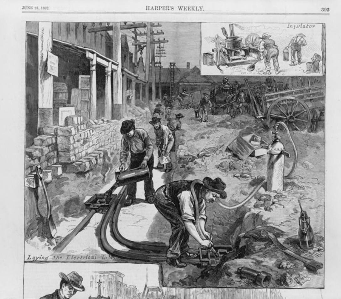 “The Electric Light in Houses – Laying the Electrical Tubes,” Harper’s Weekly, 1882.