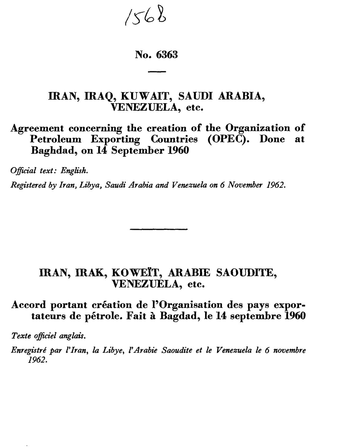 OPEC Treaty, September 14, 1960