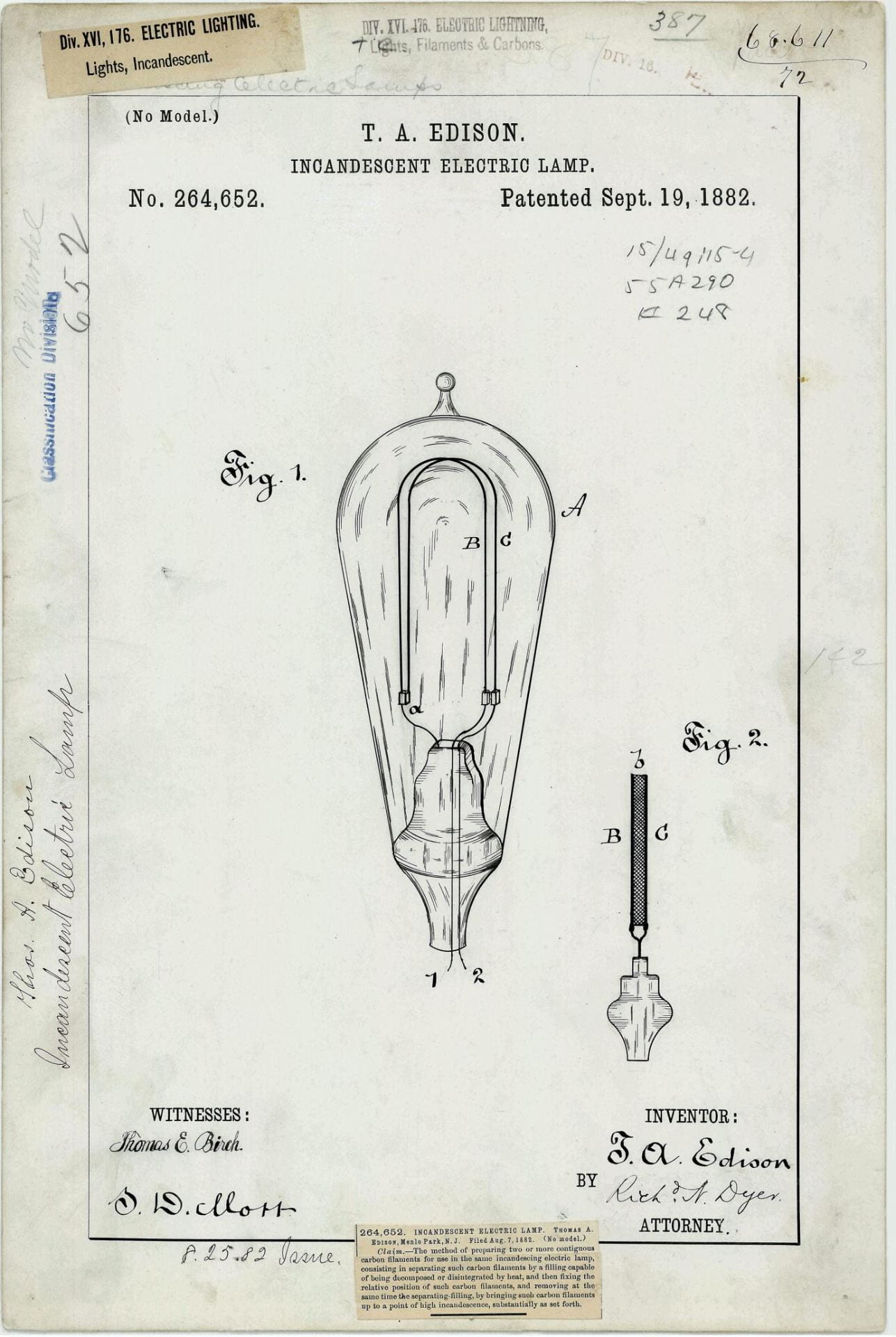 Thomas Edison’s Patent Drawing for the Incandescent Electric Lamp, 1882