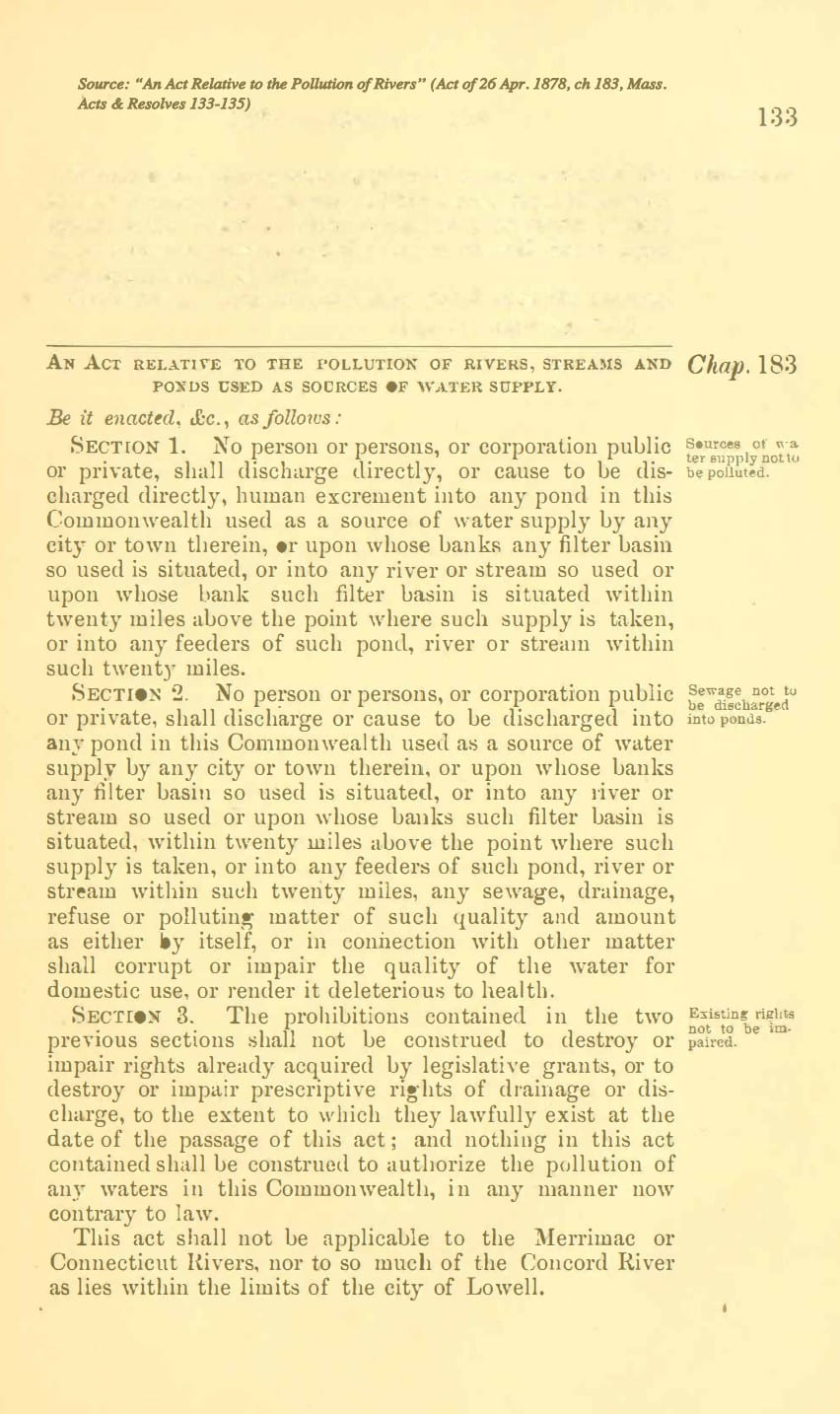 “An Act Relative to the Pollution of Rivers,” Massachusetts State Law, 1878.