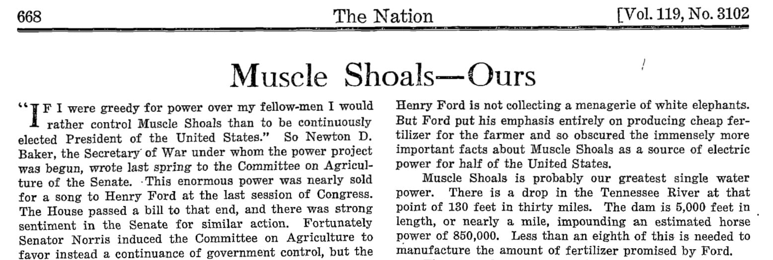 Editorial, “Muscle Shoals– Ours,” The Nation, 1924.