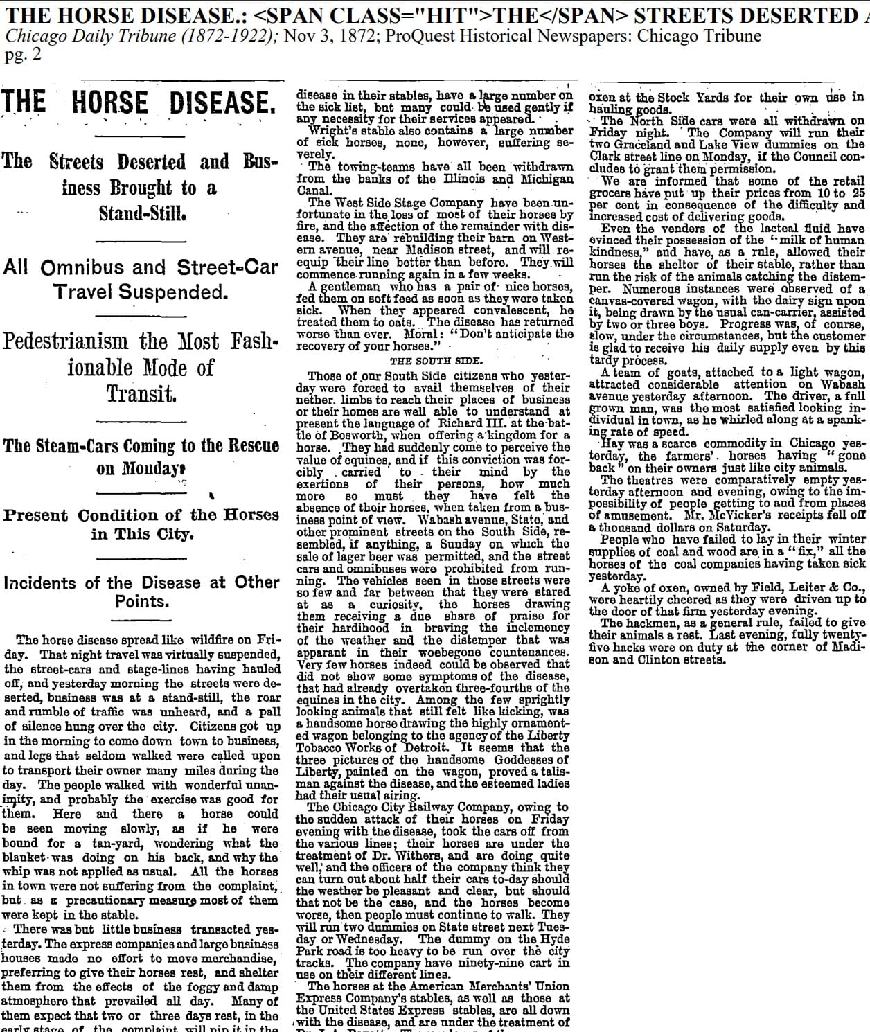 The Horse Disease, Chicago Daily Tribune, 1872.